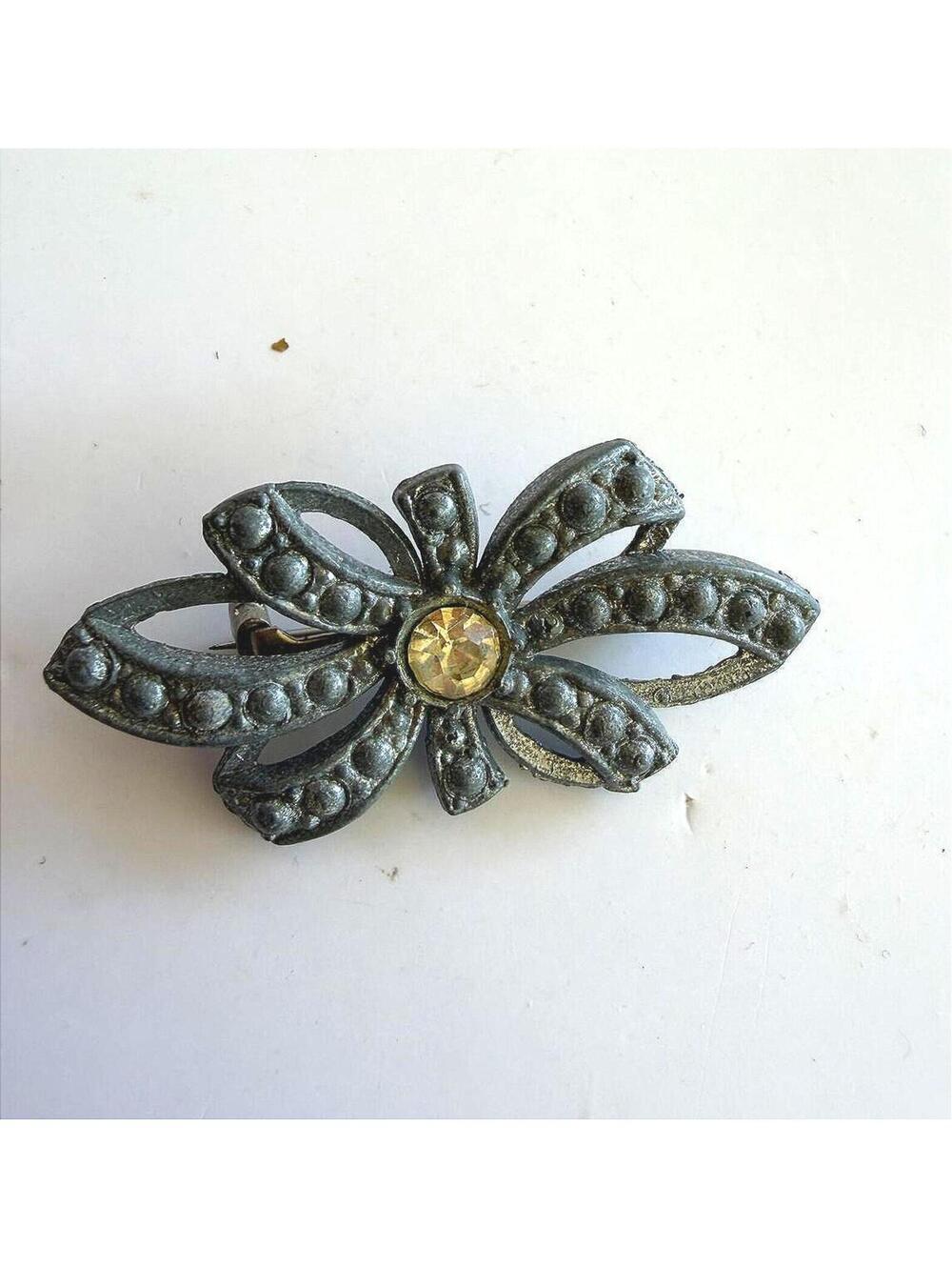 Vintage Silver Tone Bow Brooch with Rhinestone Center